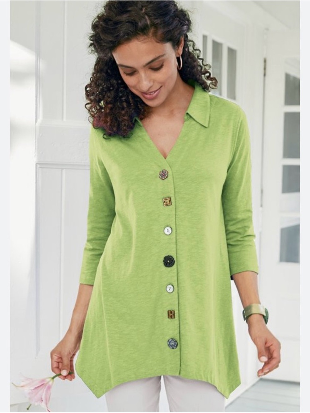 Soft surroundings Danielle Button 3/4 Sleeve Tunic Leaf Green Size Large Casual